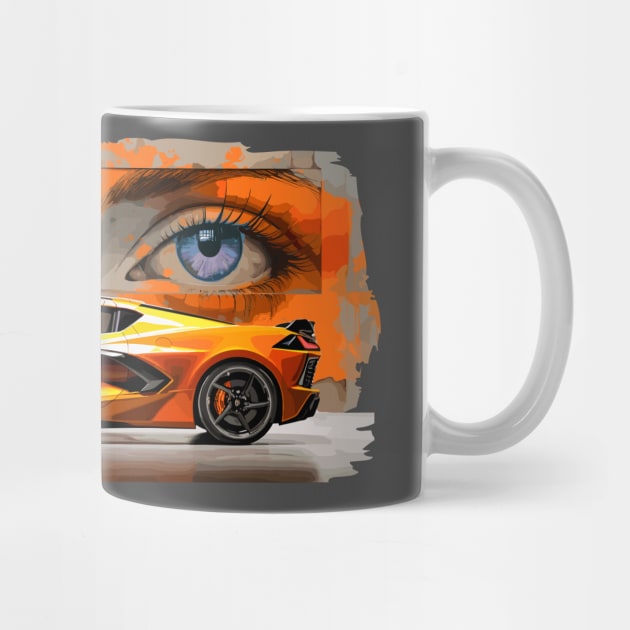 Amplify Orange C8 Corvette Stingray Sebring Orange Supercar in front of a wall of graffiti with blue eyes looking back at you Sports car American Muscle car race car by Tees 4 Thee